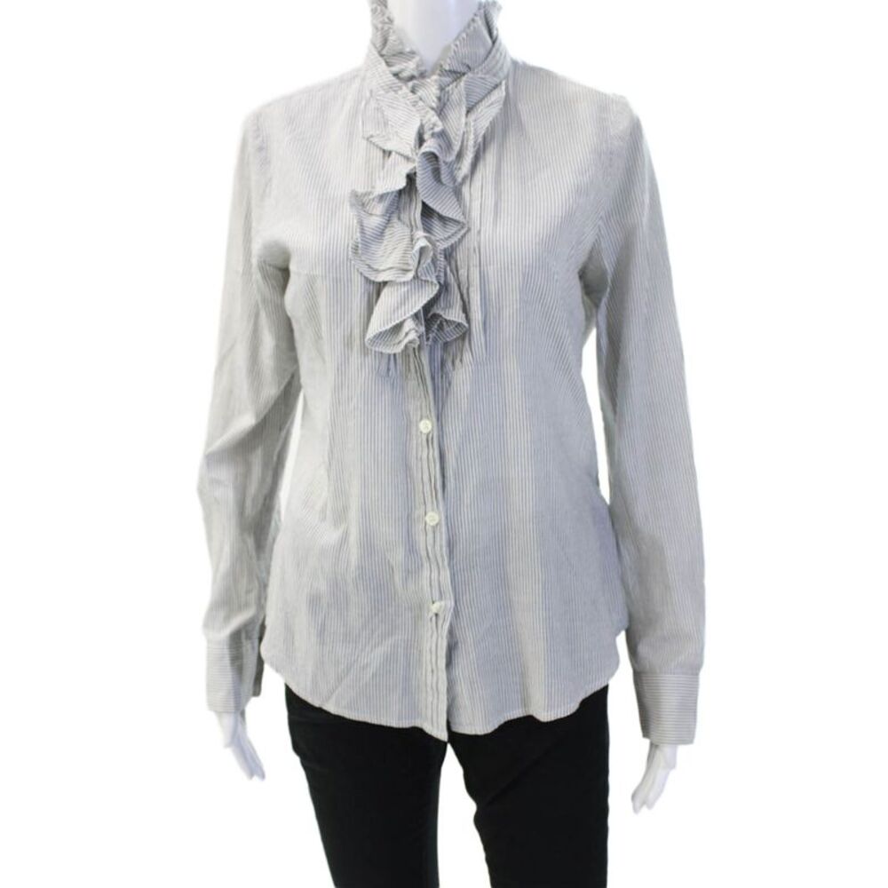 J Crew Women Gray Striped High Neck Button-Up Cotton Blouse Long Sleeve Size M